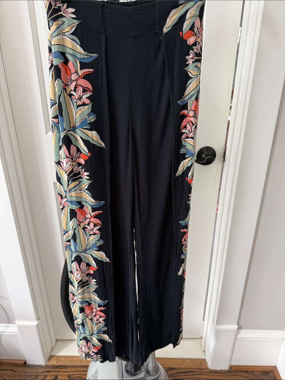 Billabong Black split Wide-Leg Pants with Floral Side Panels